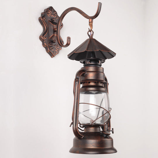 Antique Style Single-Bulb Oil Lantern Sconce: Clear Glass Wall Mount Light For Aisles Copper /