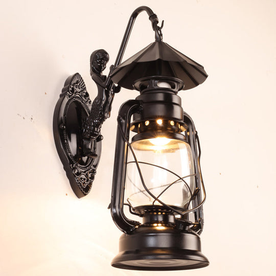 Antique Style Single-Bulb Oil Lantern Sconce: Clear Glass Wall Mount Light For Aisles Black /