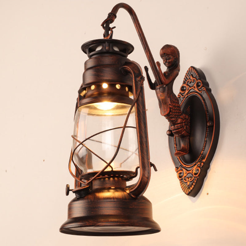 Antique Style Single-Bulb Oil Lantern Sconce: Clear Glass Wall Mount Light For Aisles Copper / Arc