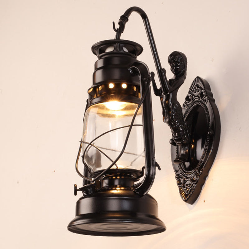 Antique Style Single-Bulb Oil Lantern Sconce: Clear Glass Wall Mount Light For Aisles Black / Arc