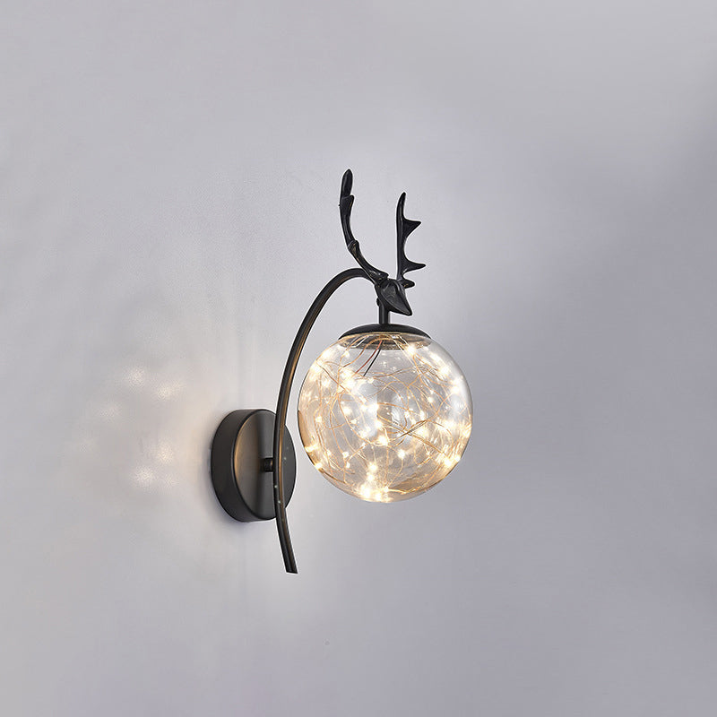 Nordic Ball Wall Mount Led Glass Stairs Sconce Light With Antler Decor - Starry Illumination Black /