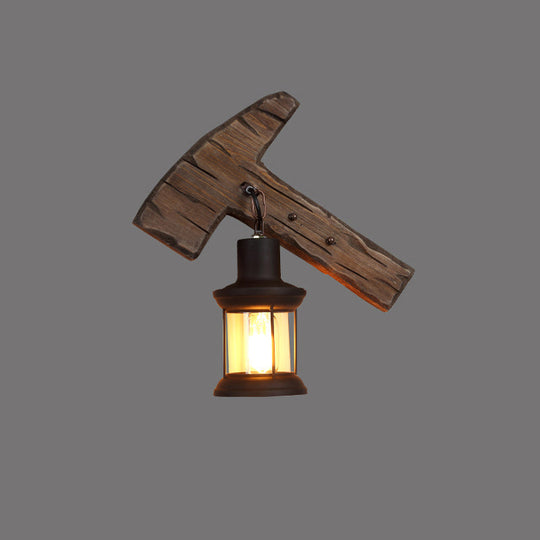 Rustic Wooden Geometric Wall Sconce - Brown 1-Light Mounted Light For Restaurants / Hammer