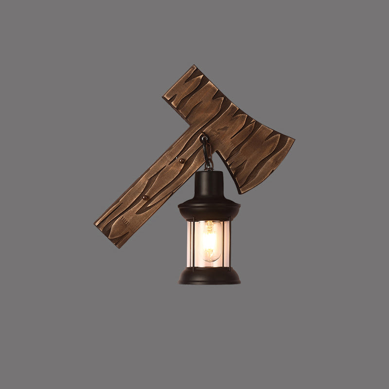 Rustic Wooden Geometric Wall Sconce - Brown 1-Light Mounted Light For Restaurants / Axe
