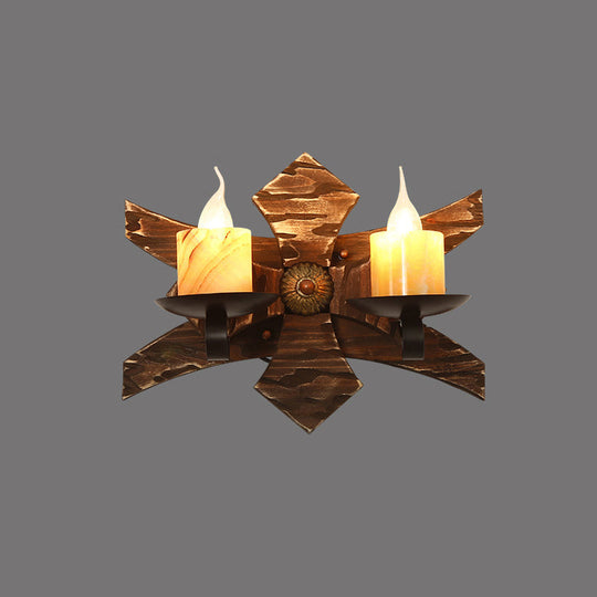 Rustic Wooden Geometric Wall Sconce - Brown 1-Light Mounted Light For Restaurants / Flower Shape