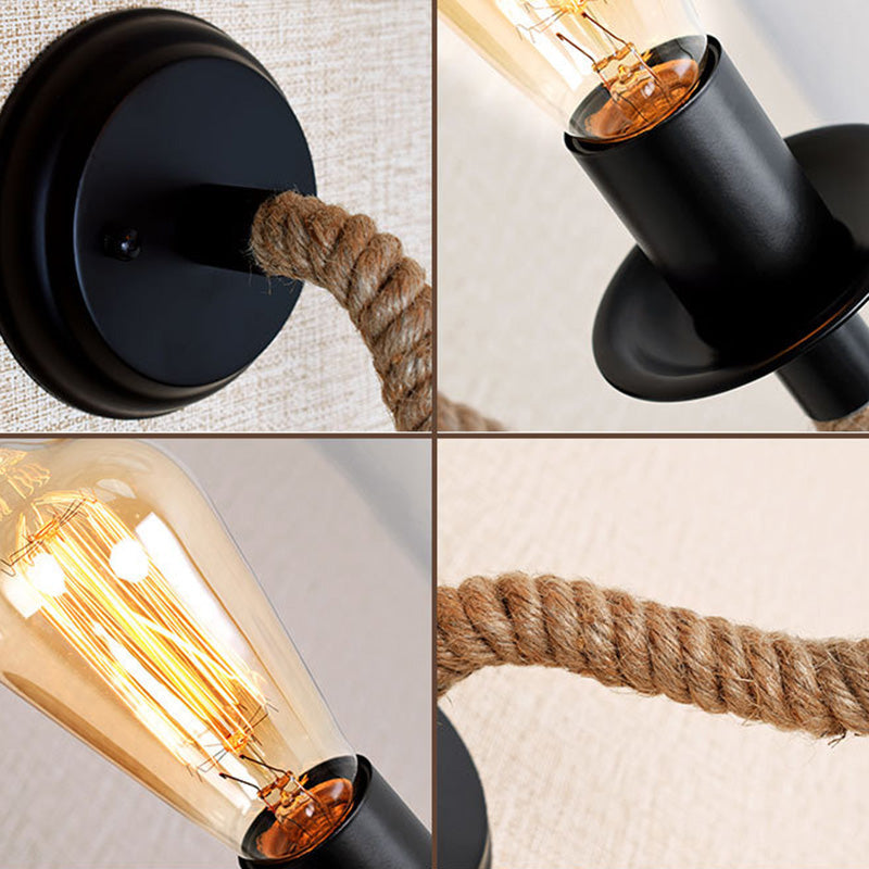 Black Metal Exposed Bulb Wall Sconce With Rope Wrapped Arm - Country Aisle Lighting