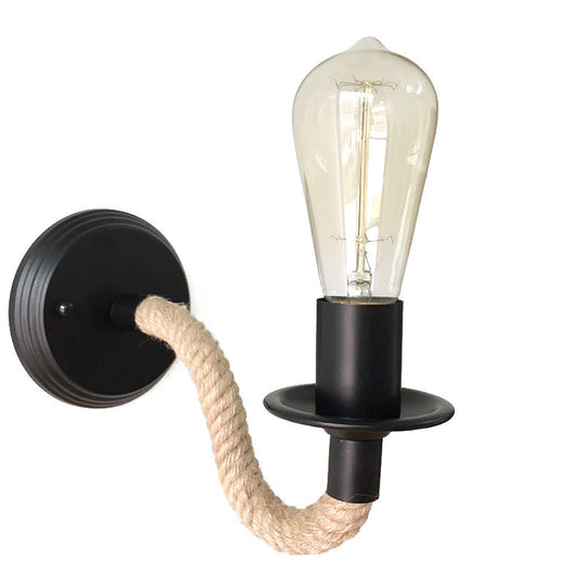 Black Metal Exposed Bulb Wall Sconce With Rope Wrapped Arm - Country Aisle Lighting