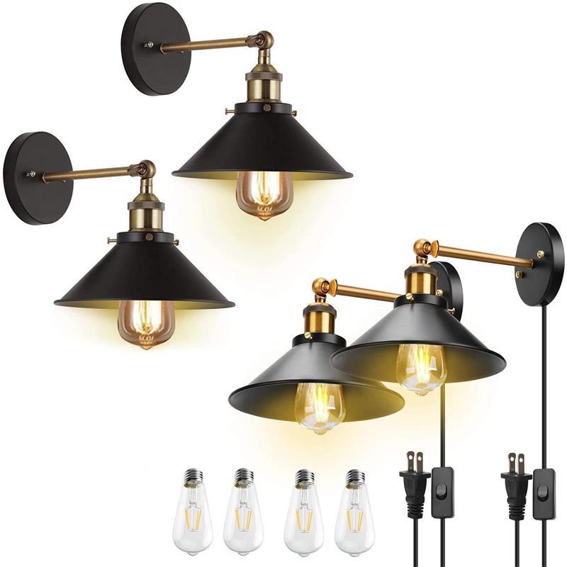 Industrial Conical Wall Light Sconce: Swivelable 1-Light Reading Lamp With Plug-In Cord Gold-Black