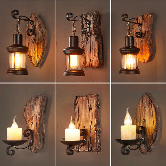 Geometric Country Style Wooden Wall Sconce - Brown Light Fixture For Corridor