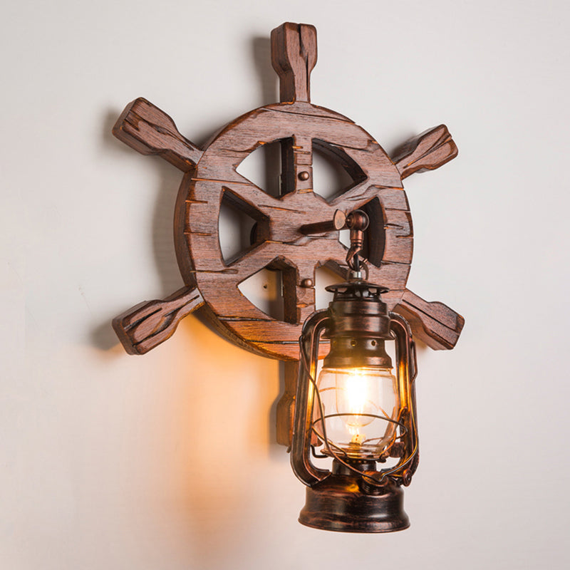 Geometric Country Style Wooden Wall Sconce - Brown Light Fixture For Corridor / Rudder
