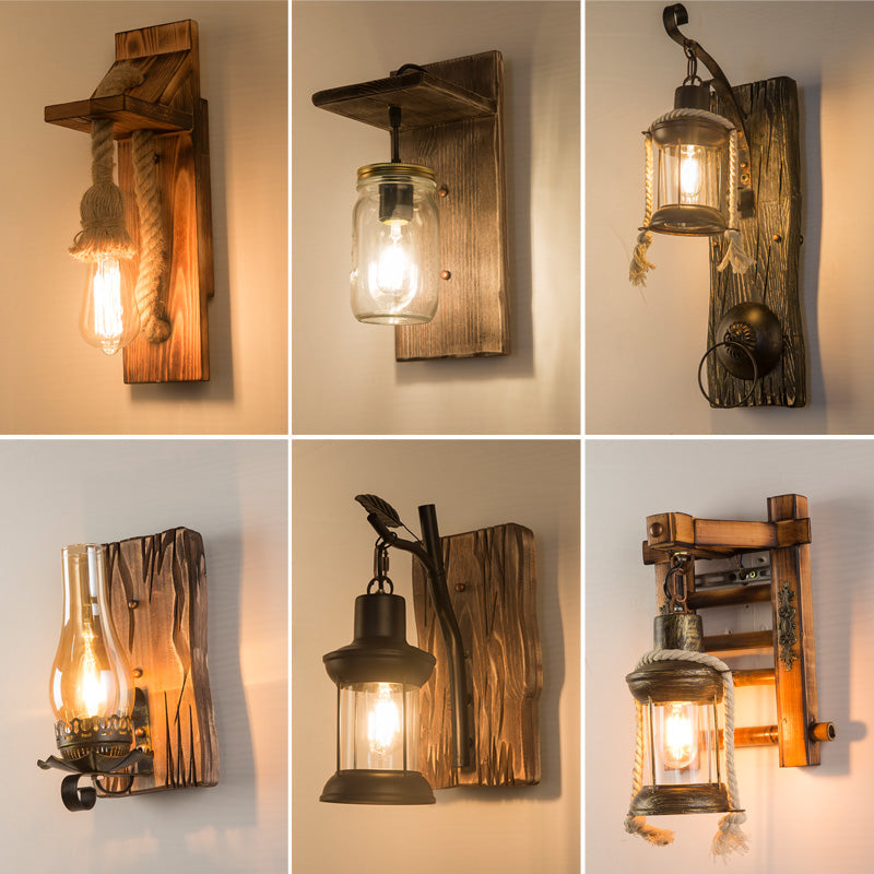Geometric Country Style Wooden Wall Sconce - Brown Light Fixture For Corridor