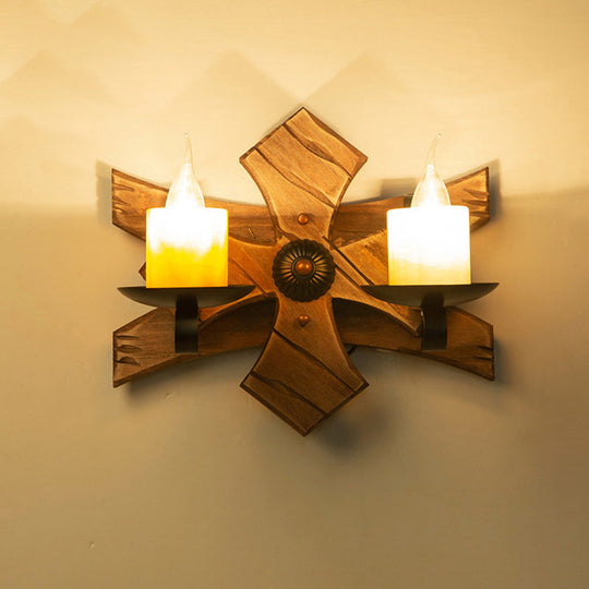 Geometric Country Style Wooden Wall Sconce - Brown Light Fixture For Corridor / Flower