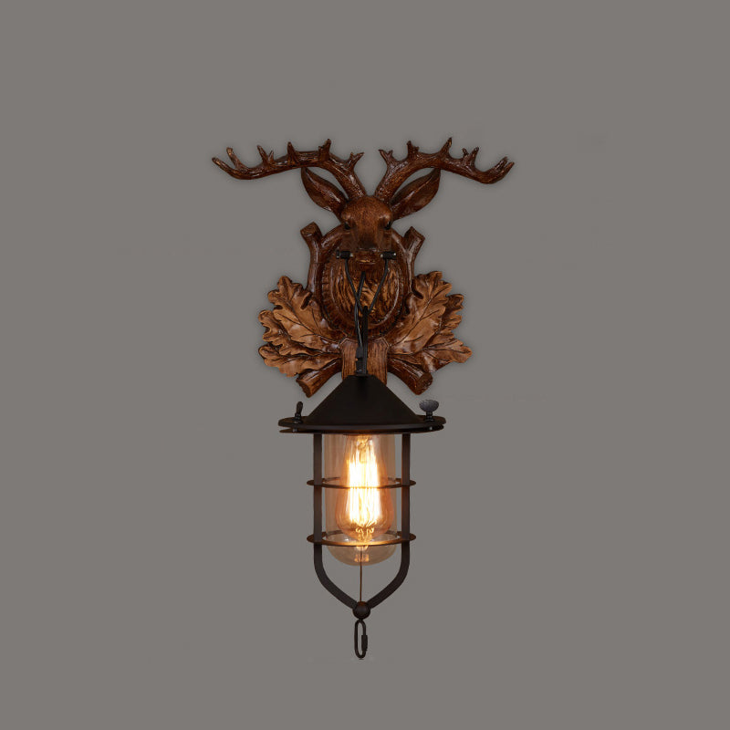 Geometric Country Style Wooden Wall Sconce - Brown Light Fixture For Corridor / Antler