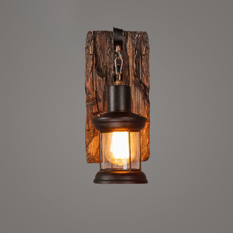 Geometric Country Style Wooden Wall Sconce - Brown Light Fixture For Corridor / Rectangle