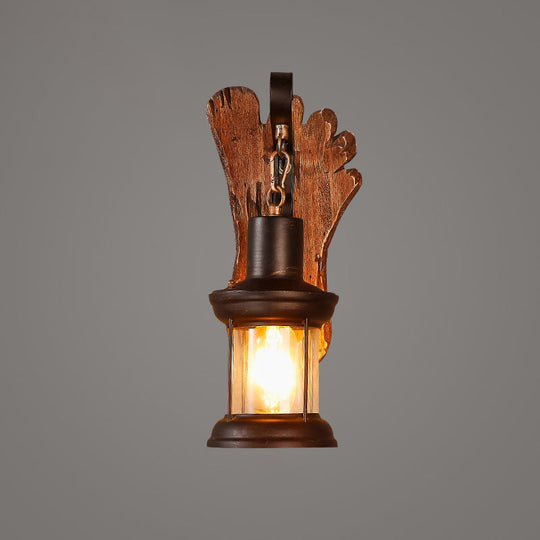 Geometric Country Style Wooden Wall Sconce - Brown Light Fixture For Corridor / Foot