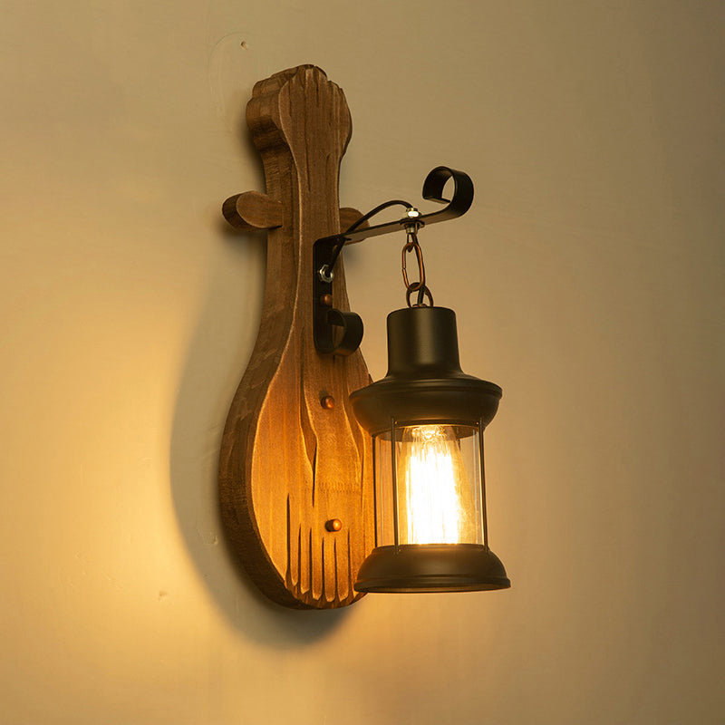Geometric Country Style Wooden Wall Sconce - Brown Light Fixture For Corridor / Violin