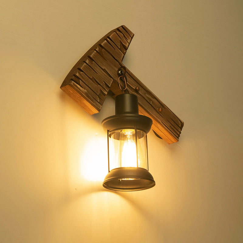 Geometric Country Style Wooden Wall Sconce - Brown Light Fixture For Corridor / Axe