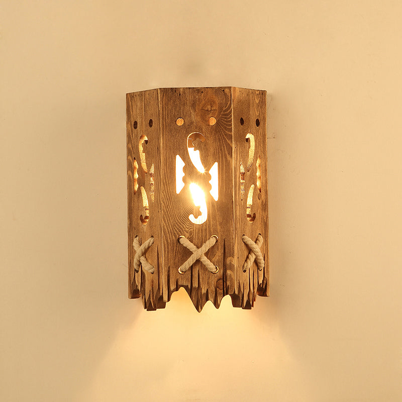 Geometric Country Style Wooden Wall Sconce - Brown Light Fixture For Corridor / Lantern