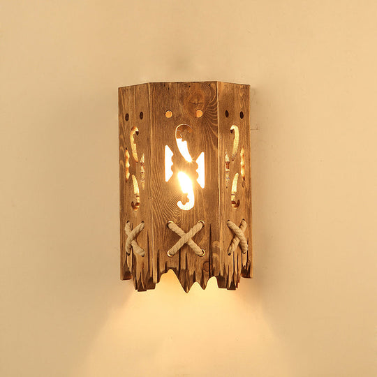 Geometric Country Style Wooden Wall Sconce - Brown Light Fixture For Corridor / Lantern