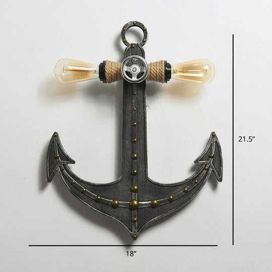 Iron Anchor Wall Lamp Art Deco 2-Bulb Sconce Light Fixture For Bedrooms In Black