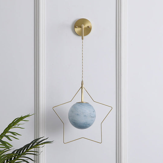 Nordic Brass Star Wall Lamp With Glass Shade For Single Bedroom Blue
