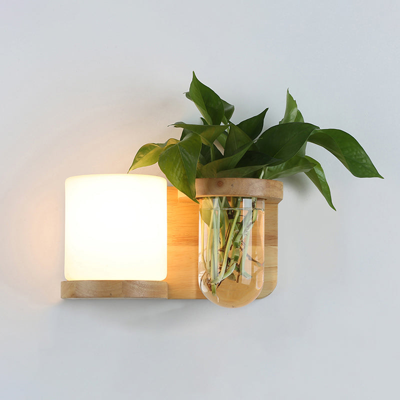 Art Deco Cream Glass Cube Sconce Lamp With Wood Wall Mount And Hydroponic Plant Pot / Right