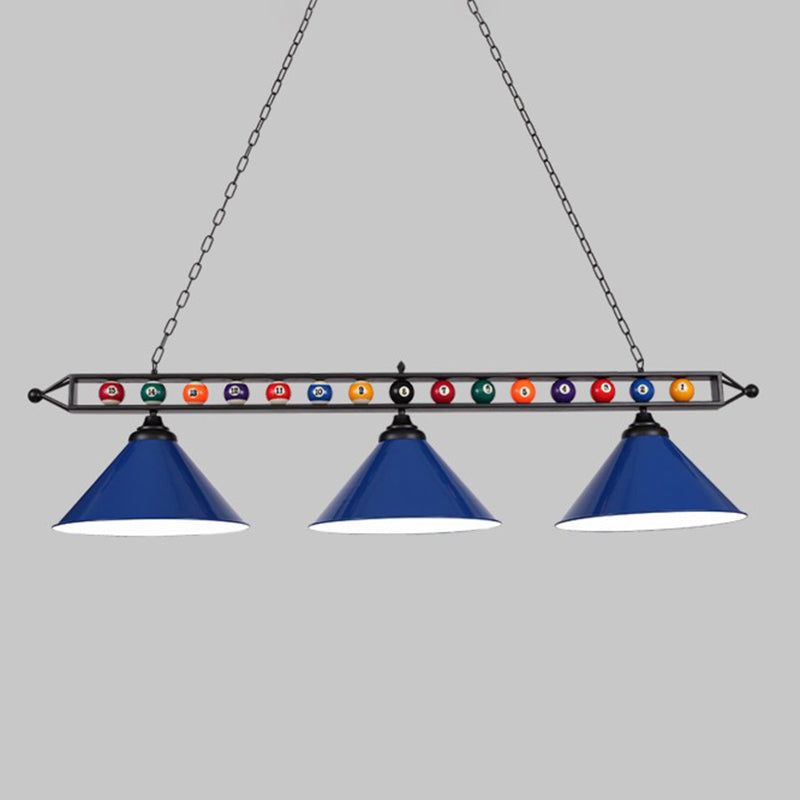 Iron Linear Island Ceiling Light With Cone Shade - Industrial Country Club Style 3 / Blue Metal