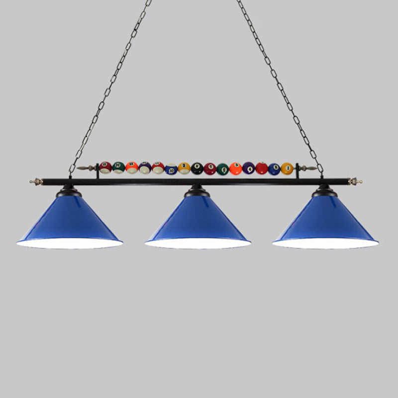 Iron Linear Island Ceiling Light With Cone Shade - Industrial Country Club Style 3 / Blue Straight