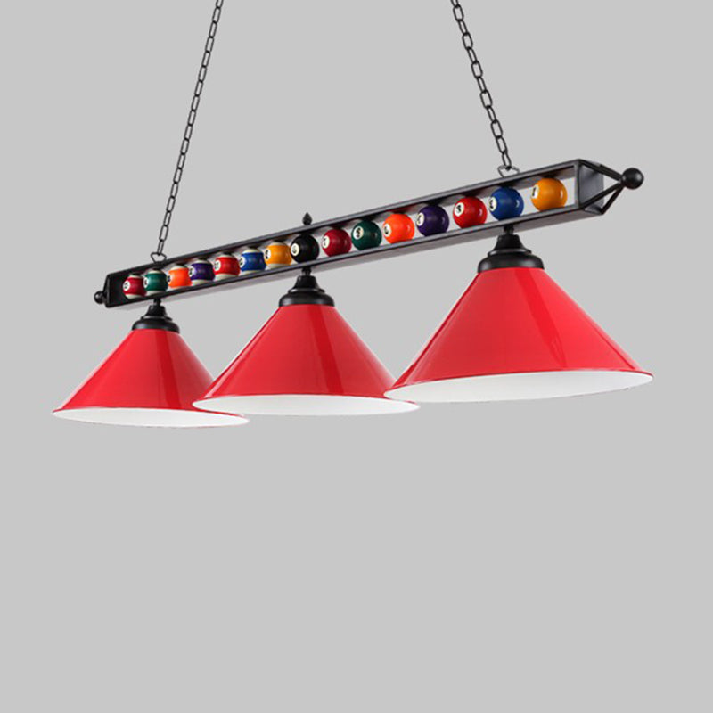 Iron Linear Island Ceiling Light With Cone Shade - Industrial Country Club Style 3 / Red Metal Frame