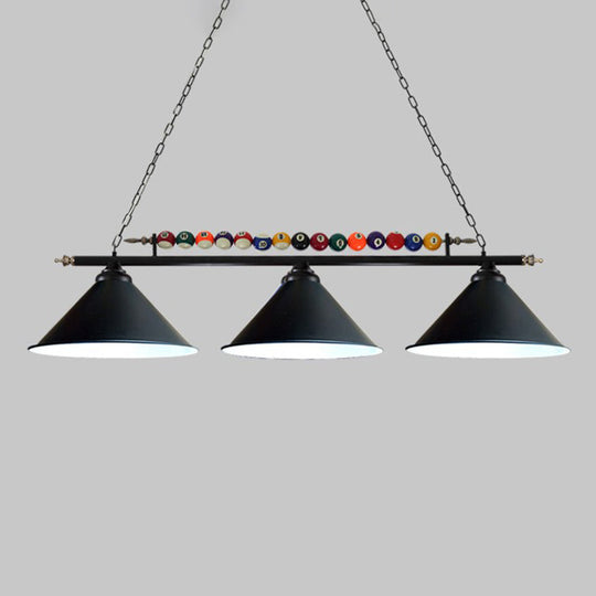 Iron Linear Island Ceiling Light With Cone Shade - Industrial Country Club Style 3 / Black Straight