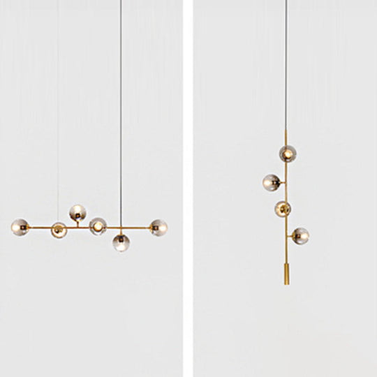 Postmodern Gold Finish Dining Room Island Lighting Pendant With Ball Glass Shade - 6 Bulbs