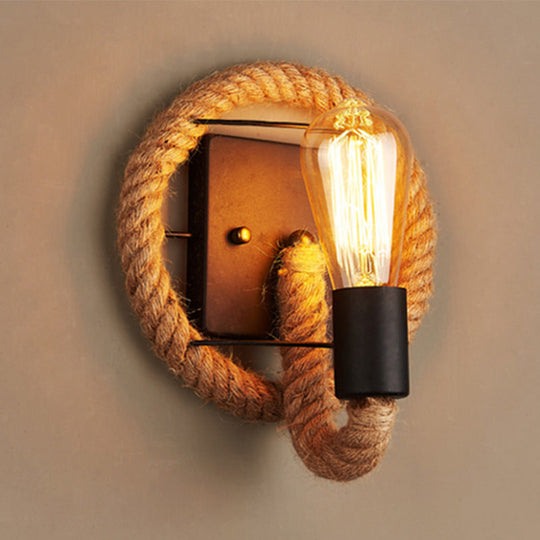 Rustic Rope Wall Sconce With Bare Bulb Design And Wood Detailing