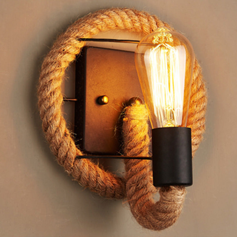 Rustic Rope Wall Sconce With Bare Bulb Design And Wood Detailing / Round