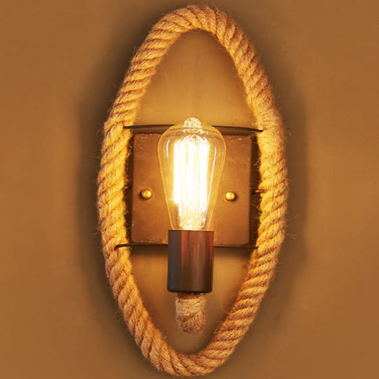 Rustic Rope Wall Sconce With Bare Bulb Design And Wood Detailing / Oval
