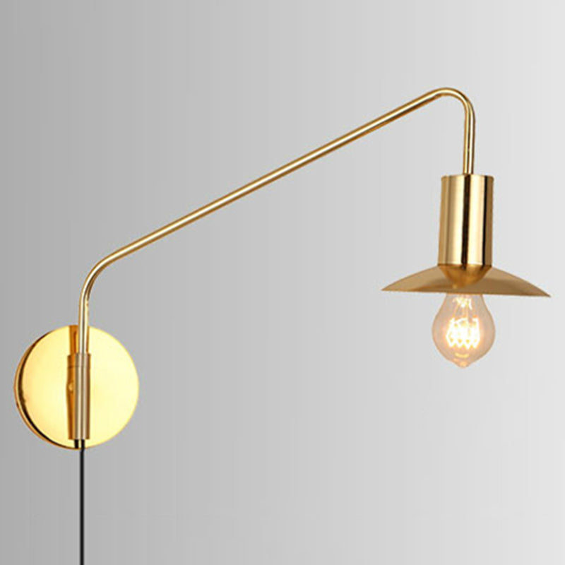 Industrial Metal Swing Arm Sconce Lamp With Saucer Lampshade - Single Living Room Reading Light Gold