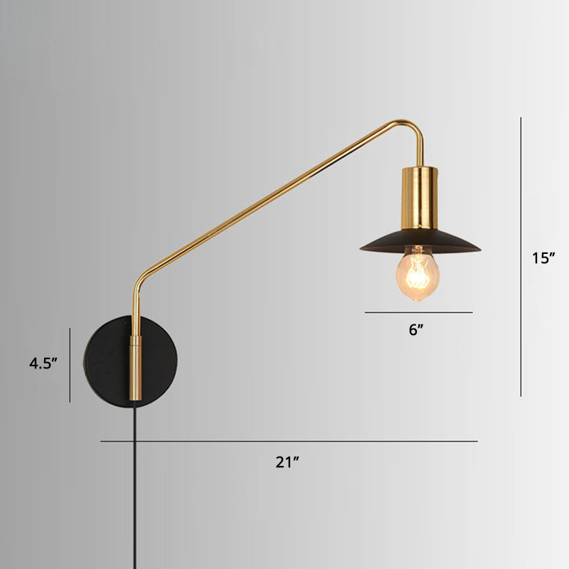 Industrial Metal Swing Arm Sconce Lamp With Saucer Lampshade - Single Living Room Reading Light