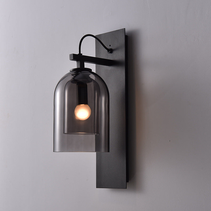 Mid-Century Black Wall Sconce With Dual Dome Glass Shade For Living Room 1 Bulb Fixture