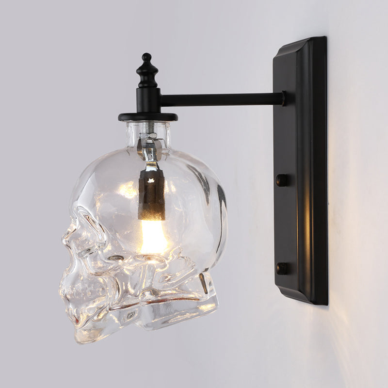 Art Deco Clear Glass Skull Wall Sconce Light Fixture For Bedroom Black