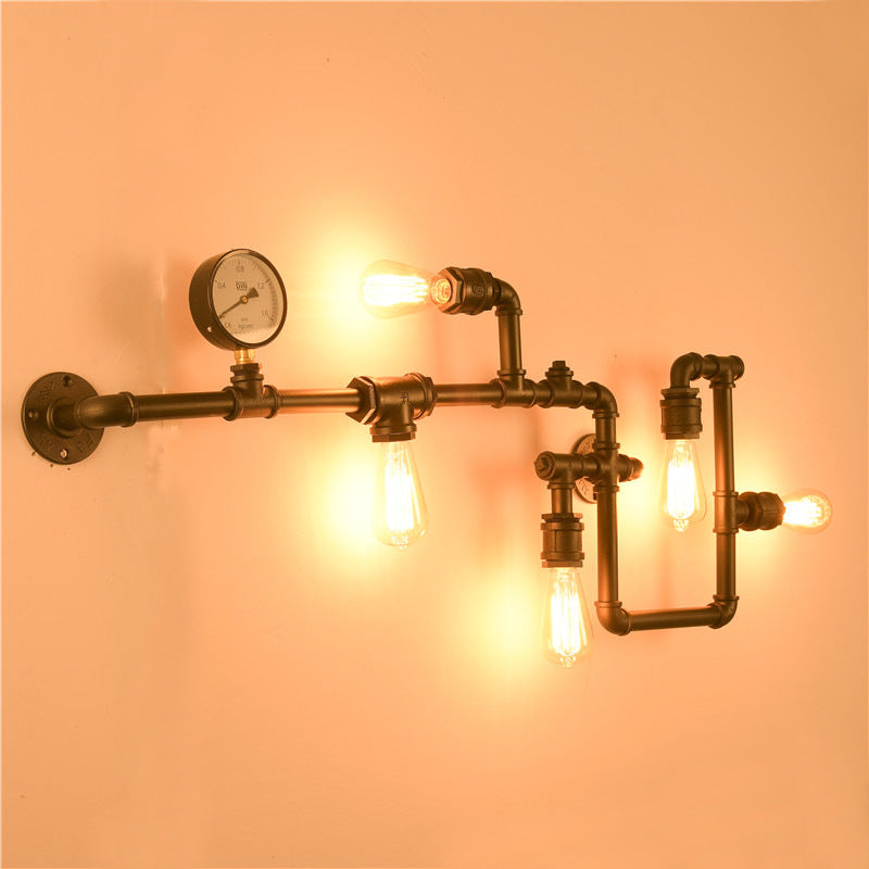 Iron Wall Lighting Industrial Sconce With Decorative Gauge For Restaurants -5 Bulb Water Pipe Design