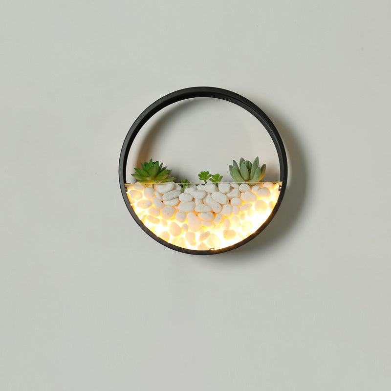 Modern Loop Wall Sconce With Led Light Metal Design Decorative Bedroom Lighting Faux Succulents And