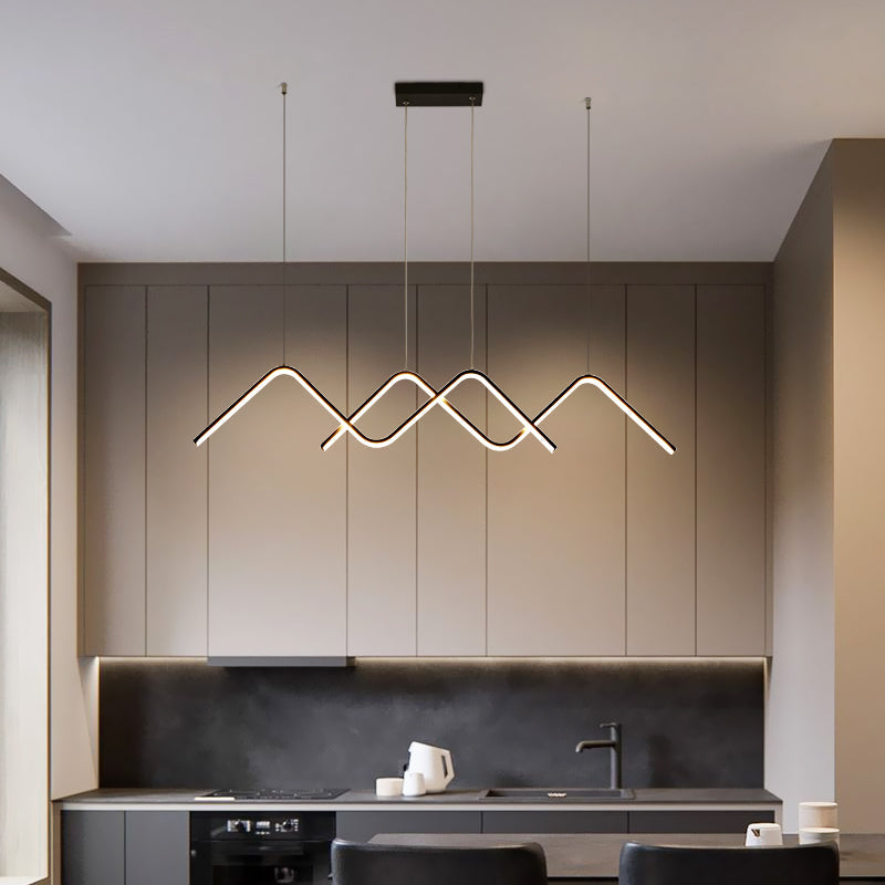Sleek Zigzag Suspension Led Ceiling Lamp In Black - Minimalist Metal Light Fixture For Restaurants