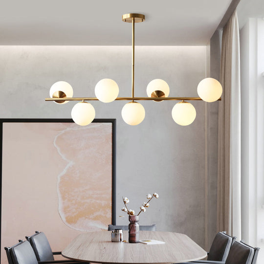 Sleek Cream Glass Spherical Dining Room Pendant Light With 7 Gold Heads - Postmodern Island Lamp