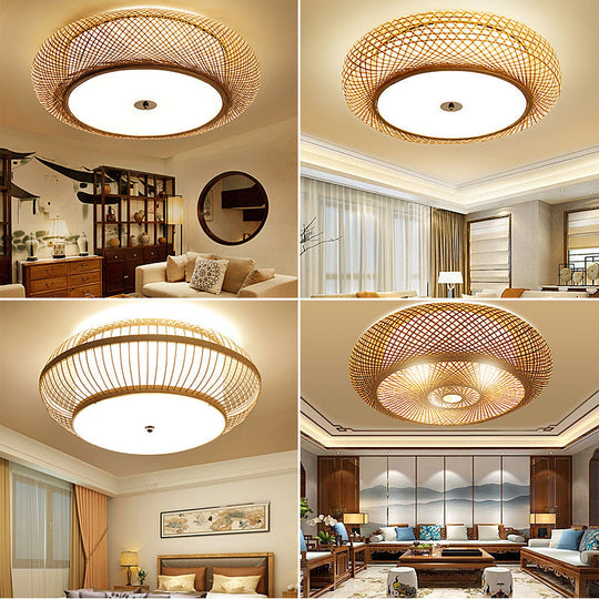 Bamboo 3-Light Chinese Style Ceiling Flush Mount For Living Room With Inner Shade