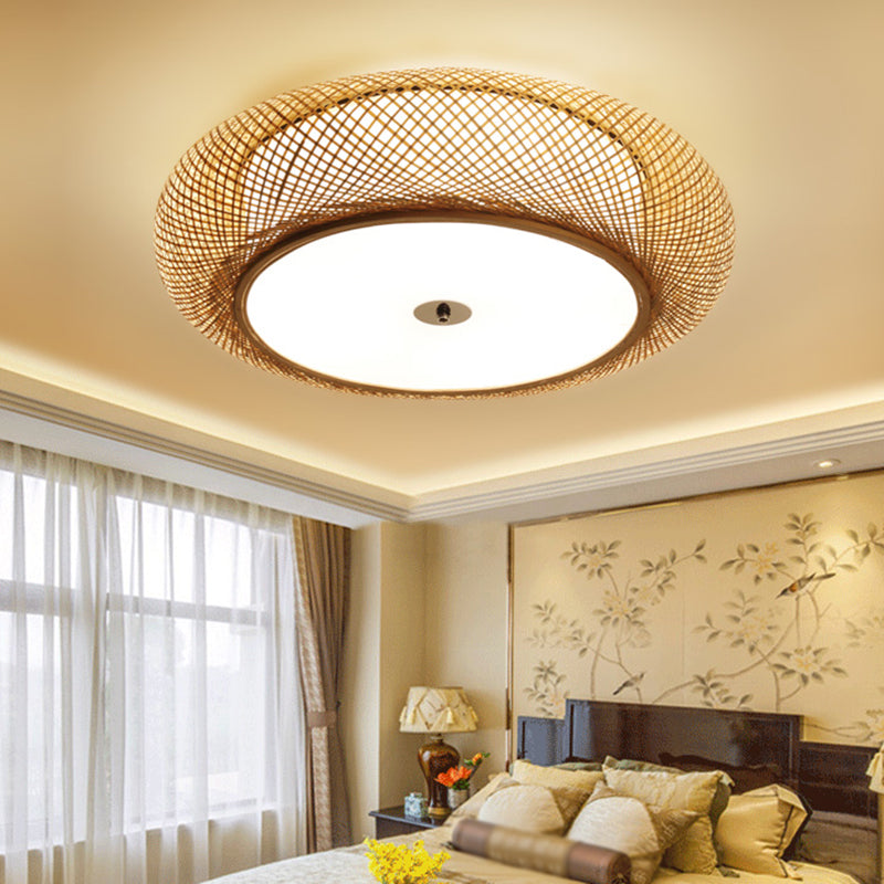 Bamboo 3-Light Chinese Style Ceiling Flush Mount For Living Room With Inner Shade Light Brown / 16
