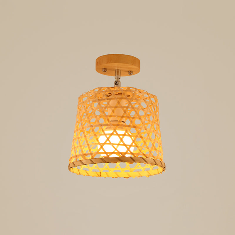 Cage Style Asian Bamboo Ceiling Light - Wood Semi Flush Single-Bulb Aisle Mounted / Birdcage