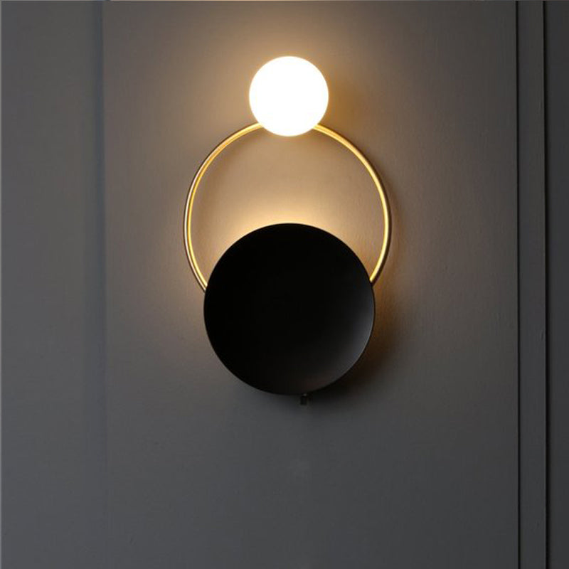 Creative Circle Wall Sconce Cream Glass 1-Head Corridor Light In Black-Brass - Postmodern Design