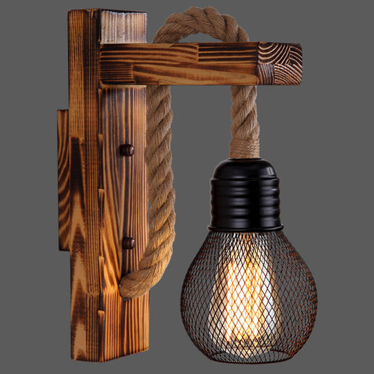 L-Shaped Wooden Lantern Wall Light With Rope Arm - Perfect Farmhouse Bedroom Lighting Dark Wood /