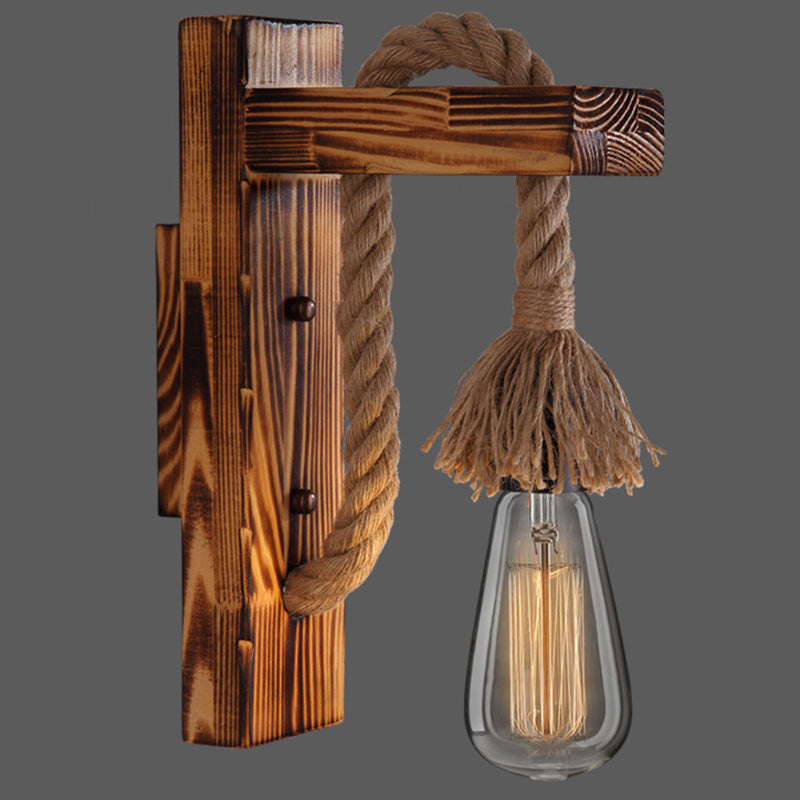 L-Shaped Wooden Lantern Wall Light With Rope Arm - Perfect Farmhouse Bedroom Lighting Dark Wood /