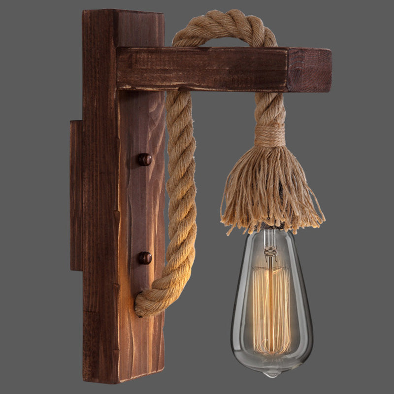 L-Shaped Wooden Lantern Wall Light With Rope Arm - Perfect Farmhouse Bedroom Lighting Coffee /