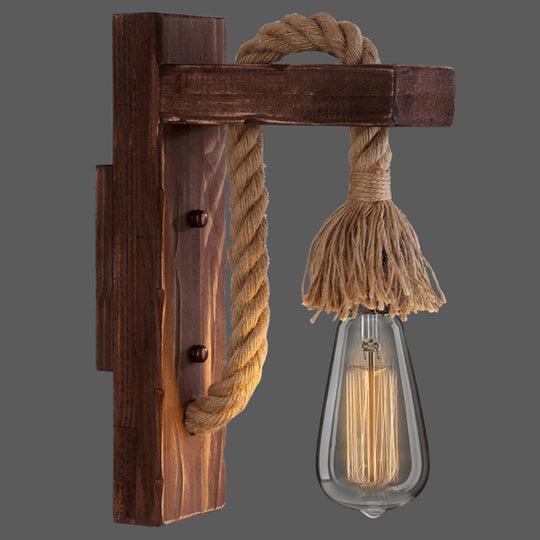 L-Shaped Wooden Lantern Wall Light With Rope Arm - Perfect Farmhouse Bedroom Lighting Coffee /