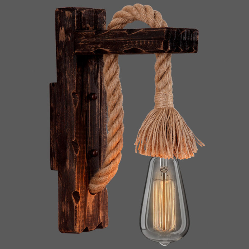 L-Shaped Wooden Lantern Wall Light With Rope Arm - Perfect Farmhouse Bedroom Lighting Bronze /